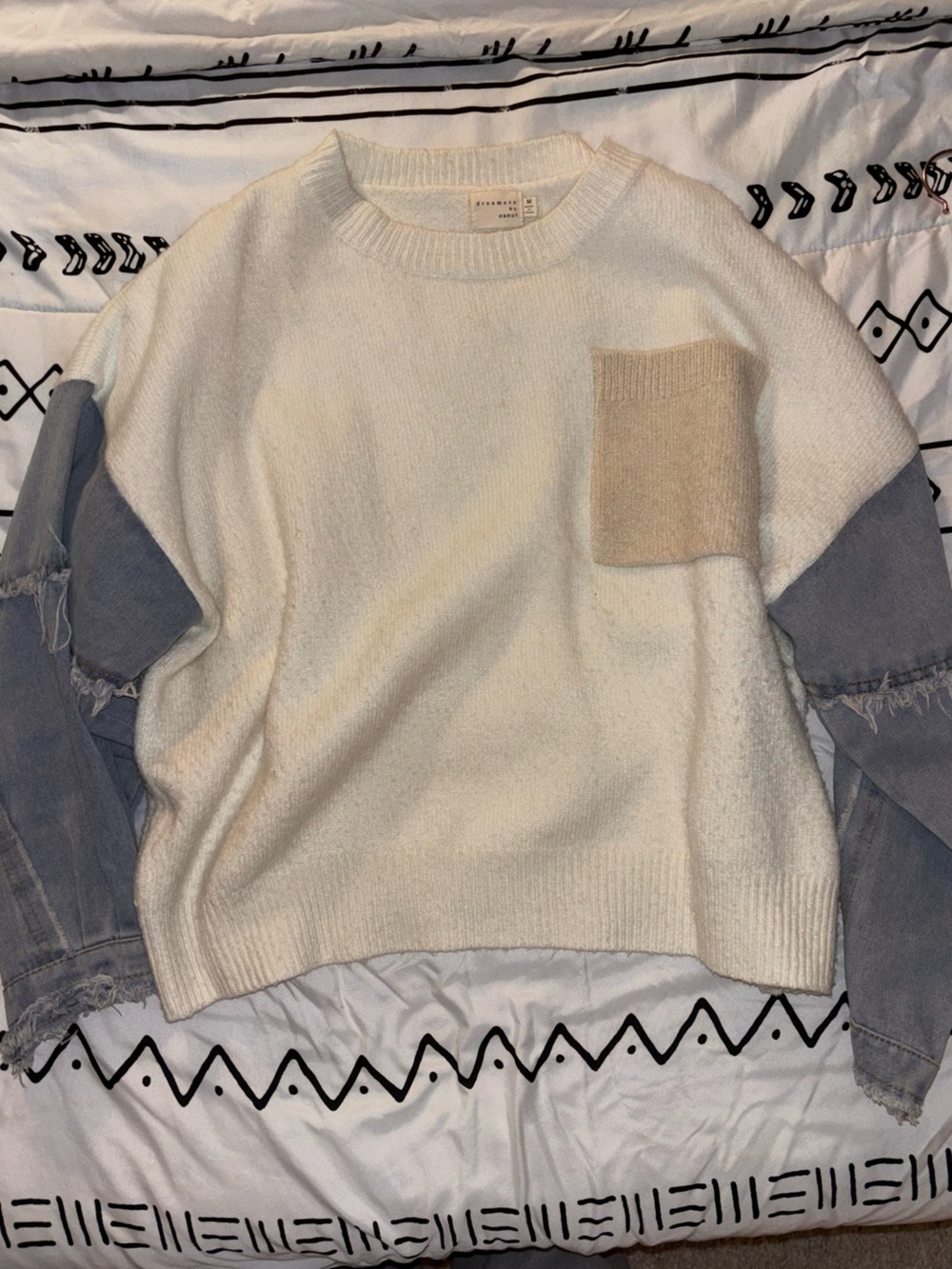 Dreamers Cream Scoop Neck Knit/Denim Sweater with Beige Pocket Accent